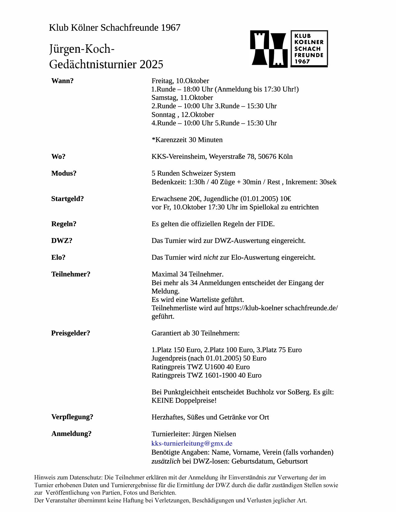 Ausschreibung Jürgen Koch Gedächtnisturnier